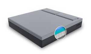 A computer rendering of The SONU Sleep System - Hybrid model, complete with mattress & support pillows made for side sleeping, with light grey on dark grey coloration.