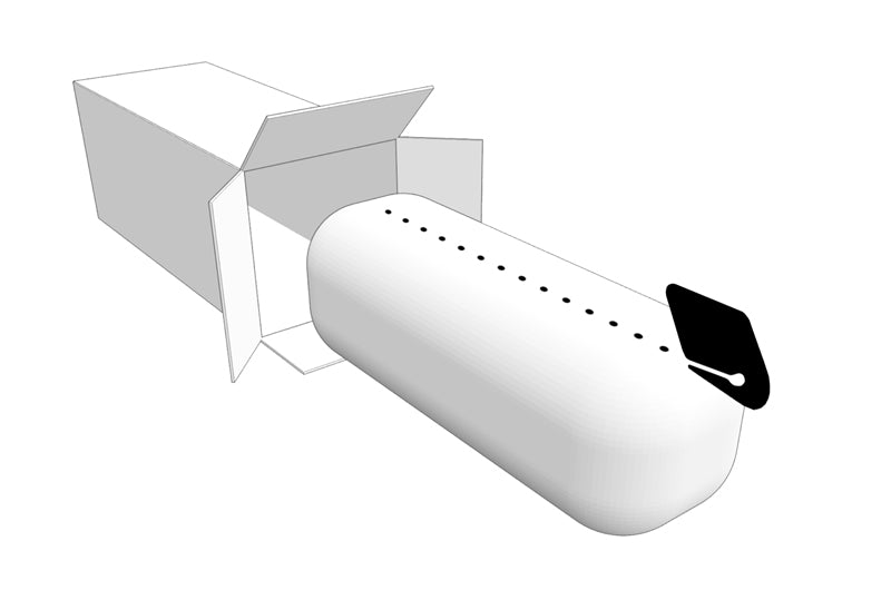 A computer rendering showing how to unwrap the SONU System mattress from its box then cut the plastic off with the included SONU saftey razor along a black dotted line.