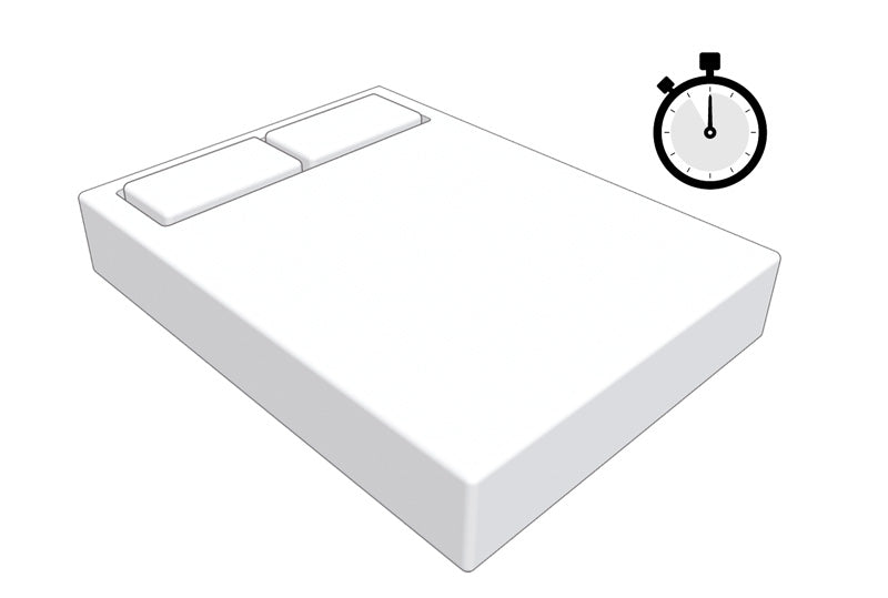 A computer rendering showing to allow time to pass for the SONU mattress to take shape, denoted by a stopwatch icon next to the SONU.