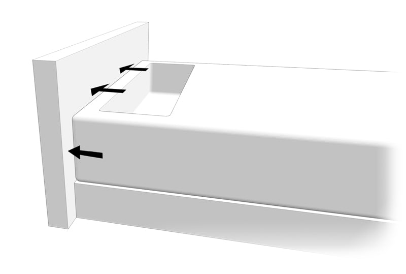 A computer rendering showing it is very important to push the head of the SONU mattress up against a solid wall or headboard, denoted by arrows pointing to close any gaps in this area.