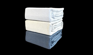 The SONU Honeycomb Blanket, photo of white, ivory and pacific colors.