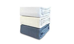 The SONU Honeycomb Blanket, photo of white, ivory and pacific colors.