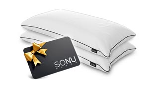 Photo of two stacked SONU Top Pillows in white with black piping and a SONU Gift Card with gold ribbon on black card with logo.