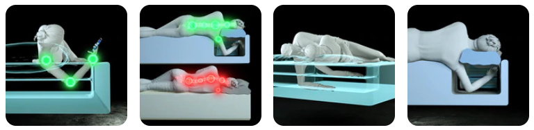 A row of four 3D renderings of sleepers in the SONU Sleep System. First with a phone in bed, second showing spine alignment, third with a couple spooning, fourth with arm in comfort channel for shoulder relief.