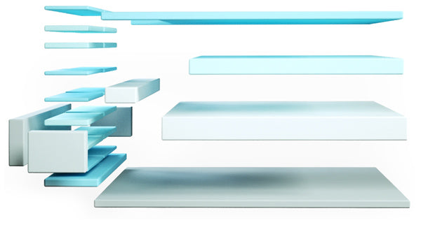 A diagram of all of the premium foam parts of the SONU Sleep System separated to see how they fit and work together, all against a white background.