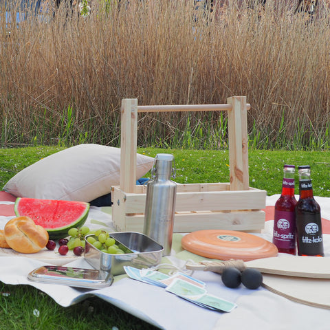 Picknick-Picknickdecke-Park-Wassermelone-Picknickkorb-Trauben-Beachballschläger-Frisbee-Brotdose-Trinkflasche-Fritzkola