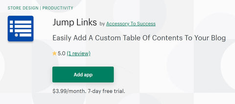 Jump Links Table of Contents App for Shopify Blogs