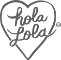 Hola Lola Logo, name written in cursive inside of gray heart outline