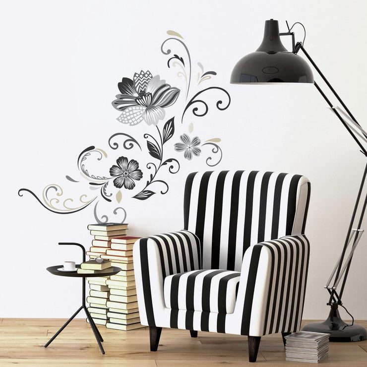 Black and White Flower Scroll Peel and Stick Giant Wall Decals