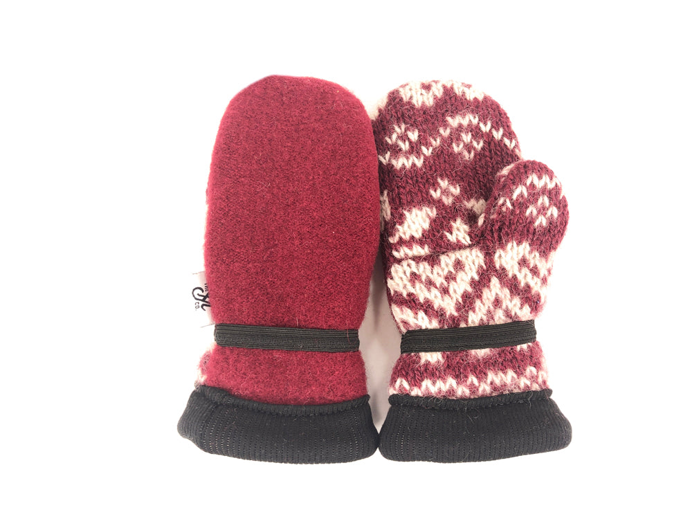 Burgundy-White Small Kids Lambs Wool Mittens - 3002