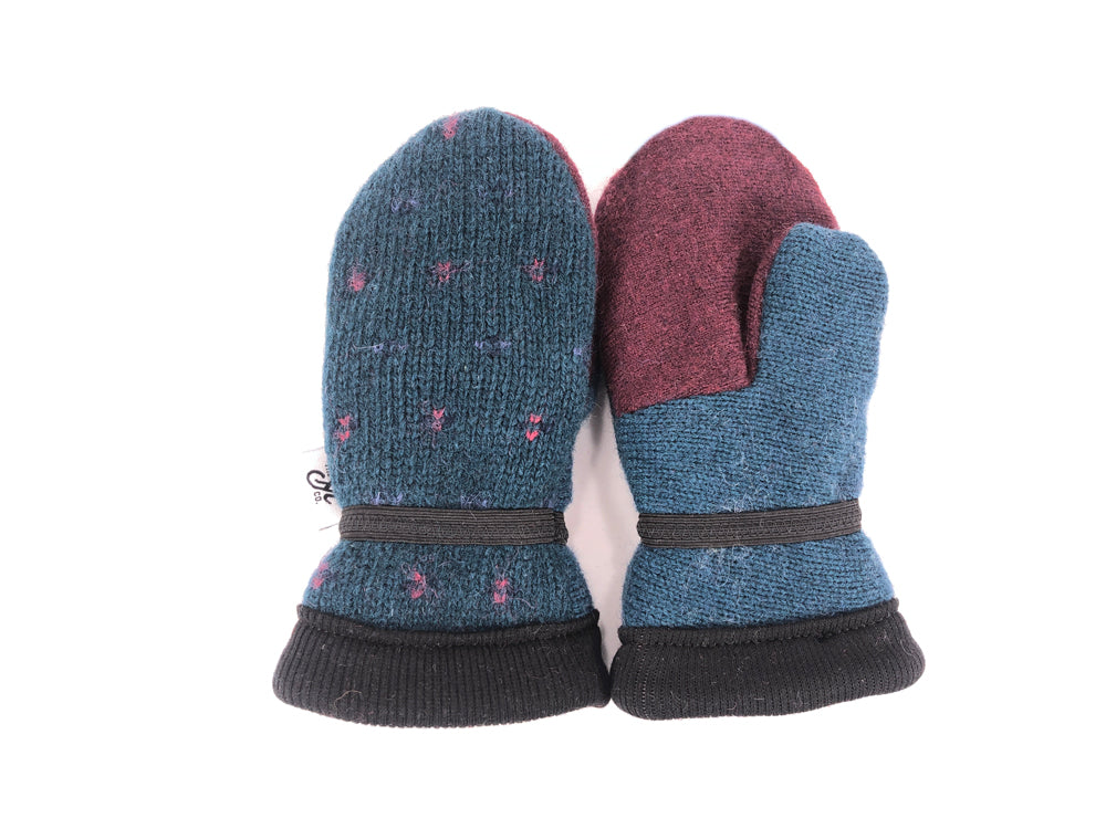 Burgundy-Teal Small Kids Lambs Wool Mittens - 3005