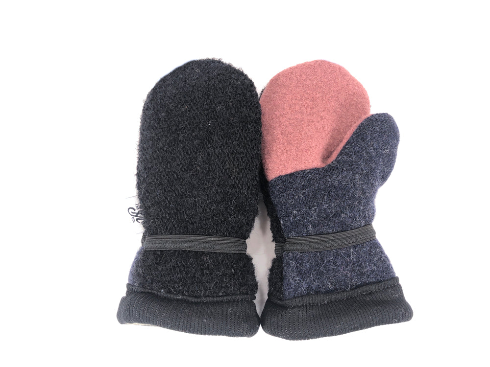 Blue-Black-Rose Small Kids Lambs Wool Mittens - 3010