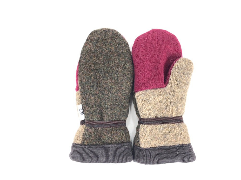 Burgundy-Green Big Kids Lambs Wool Mittens - 3296