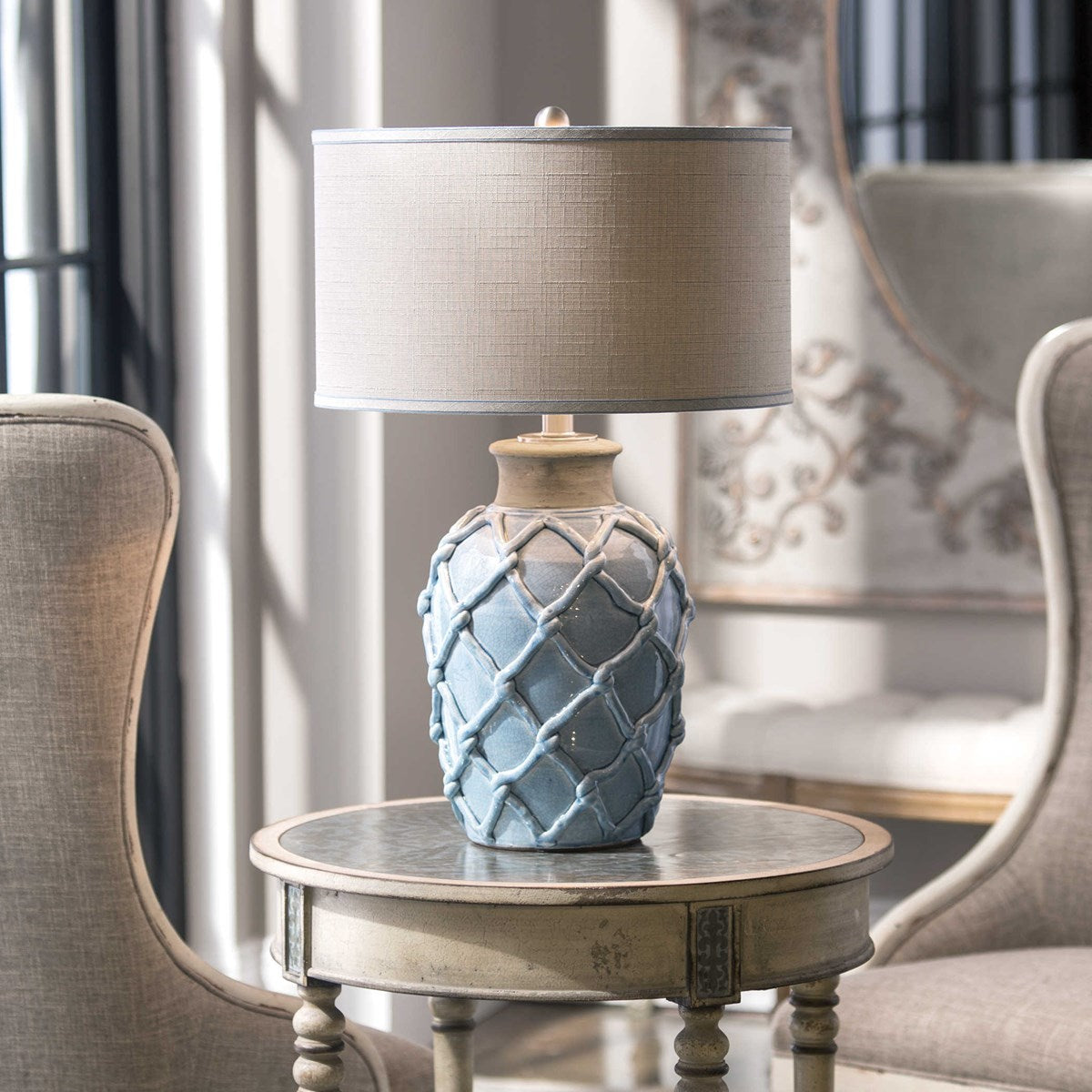 Uttermost Parterre Pale Blue Ceramic Table Lamp With Light Beige Linen Shade