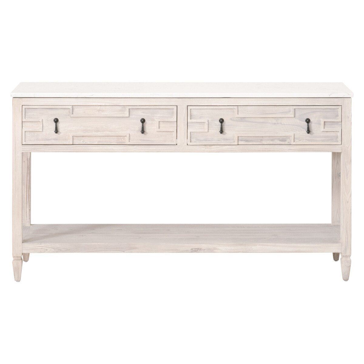 Essentials For Living Emerie 2-Drawer Console Table ~ White Wash Pine, White Quartz