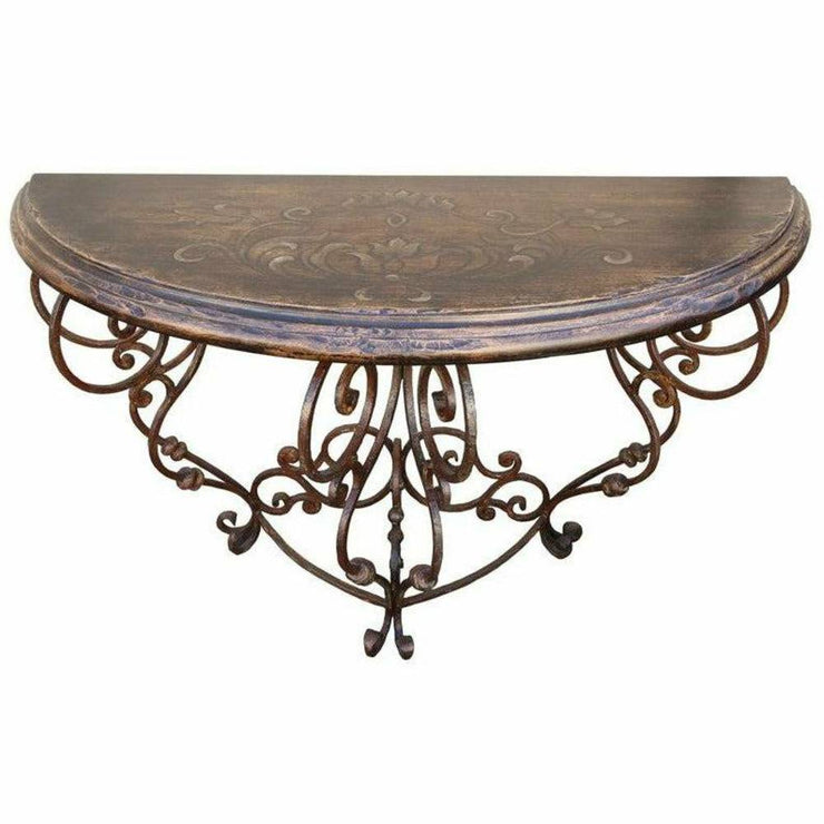 Casa Bonita Peruvian Hand-Painted Carved Wood and Hand Forged Iron Santander Demilune Console Table