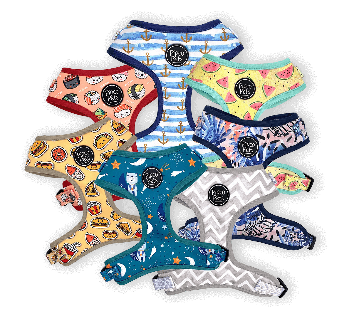 Array of Pipco adjustable dog harnesses with cute colour printed designs