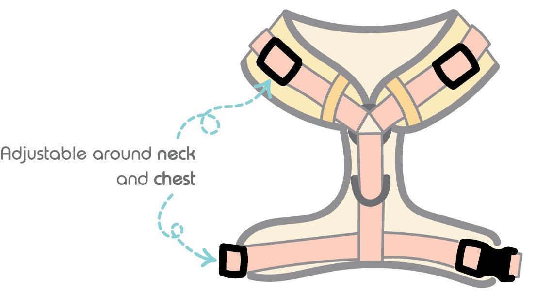 Diagram showing points of adjustability on neck and chest of Pipco Adjustable Harnesses Australia