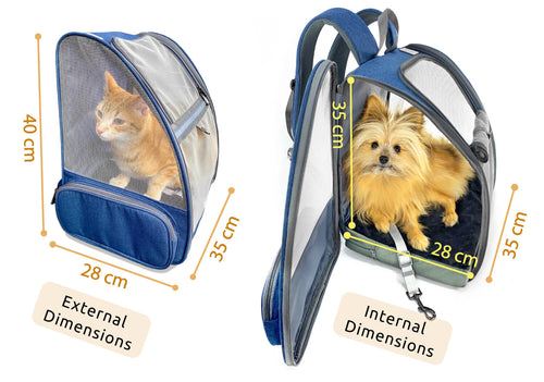 Dimension chart for Pipco Pack carrier showing cat and dog inside backpack