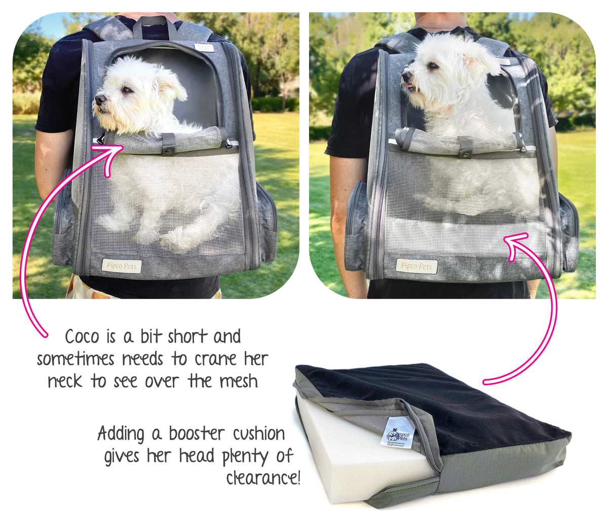 Diagram showing small dog sitting in dog backpack elevated with add-on booster cushion