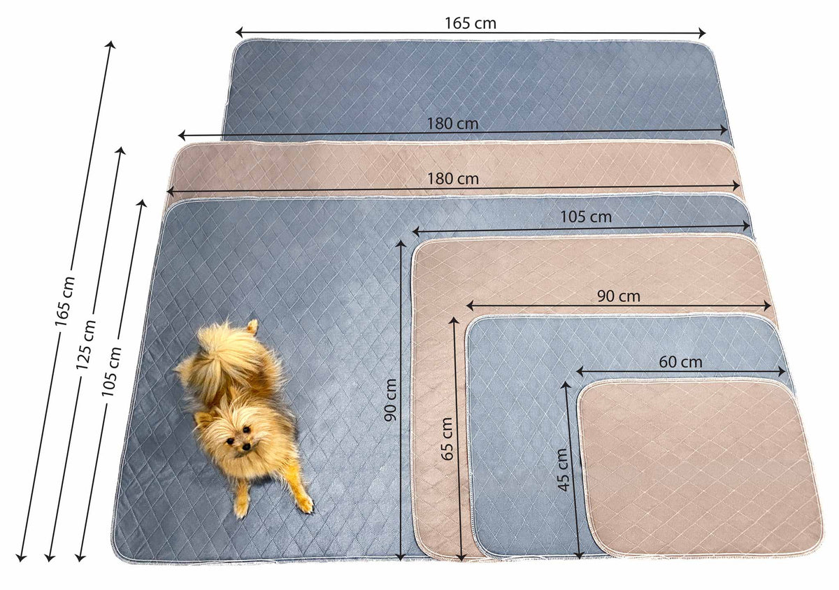 Pipco Pets Washable Potty Pads size guide showing three available sizes