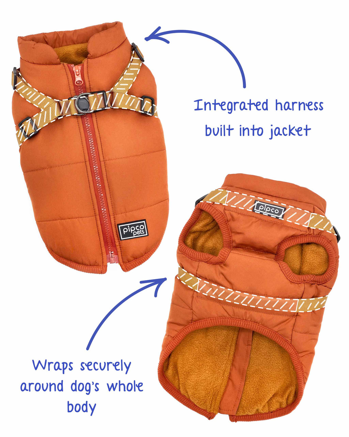 Diagram showing how in-built harness is integrated into Pipco puffer jacket