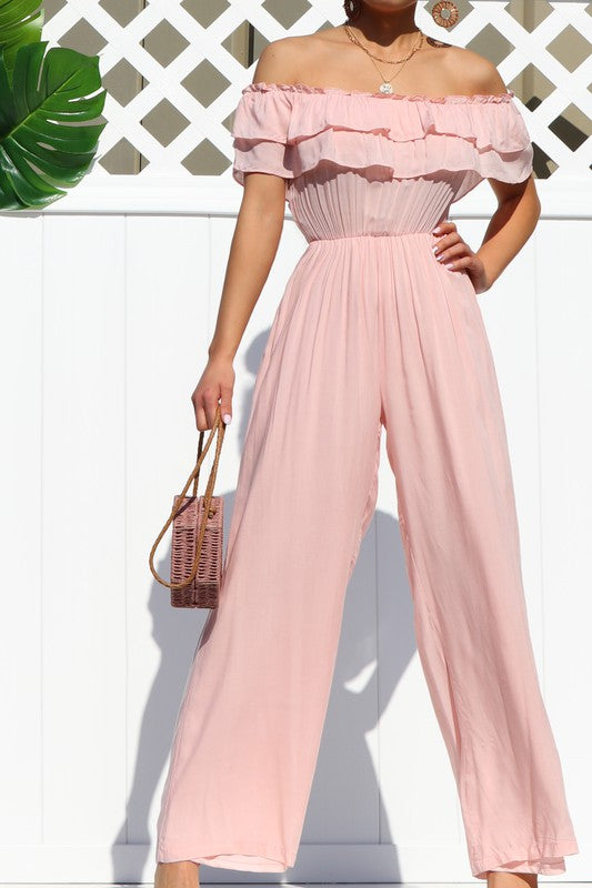 pink off shoulder jumpsuit