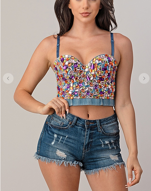 Baddie Drip Rhinestone Front Corset Top - Light Denim