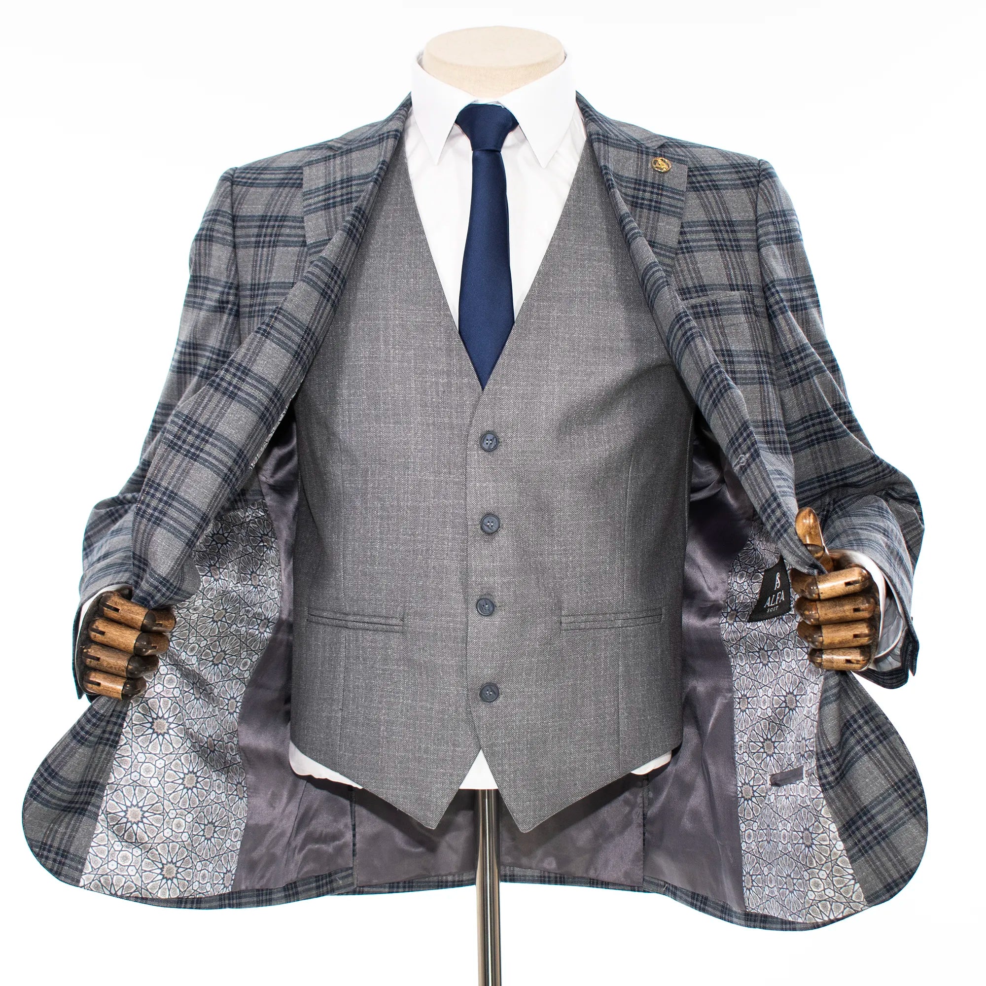 Gray and Blue Plaid 3-Piece Tailored-Fit Suit