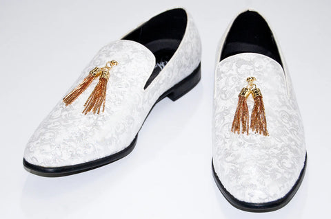 White Paisley Tasseled Dress Loafers