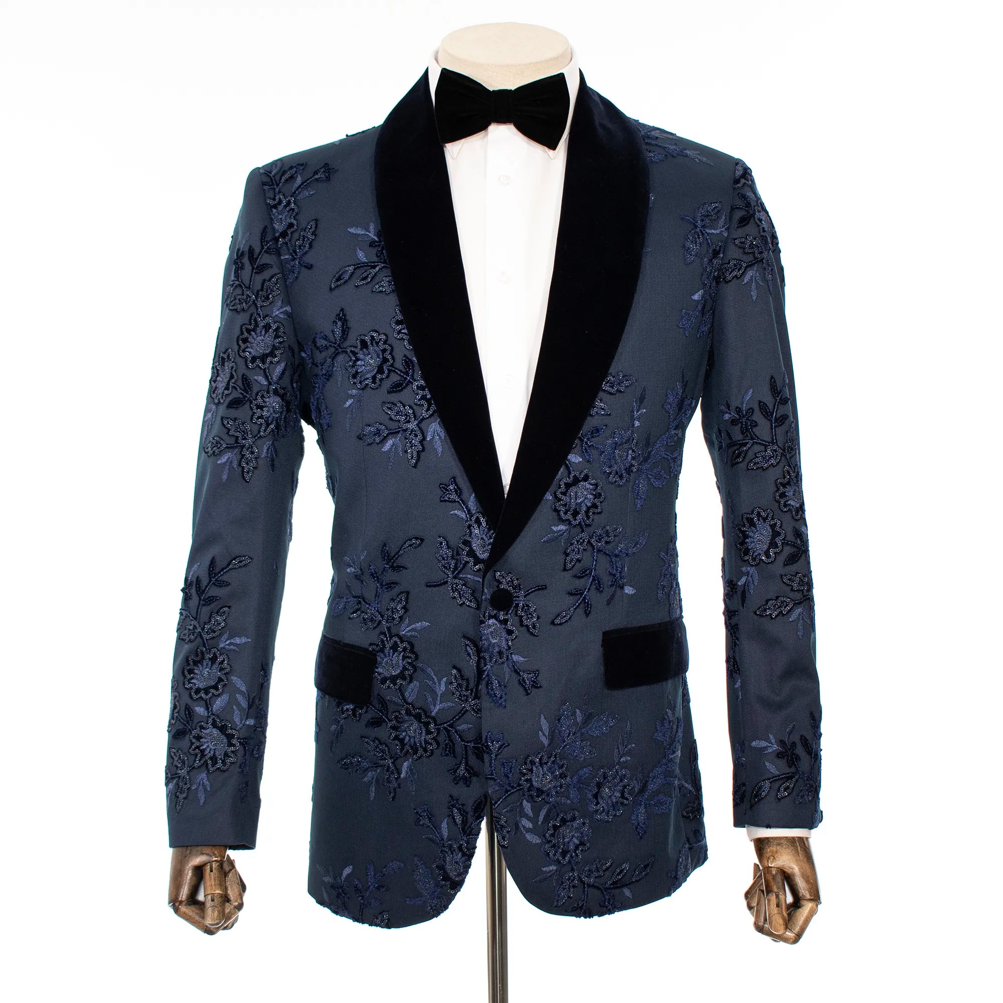 Navy Woven Floral Modern-Fit Tuxedo Jacket