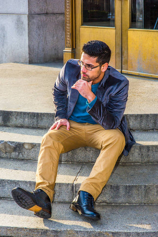 Man in Gold Stretch Dress Pants Styled With A Velvet Jacket