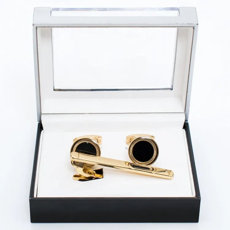 Circular Ridged Inlay Cufflink Tie-Bar Set