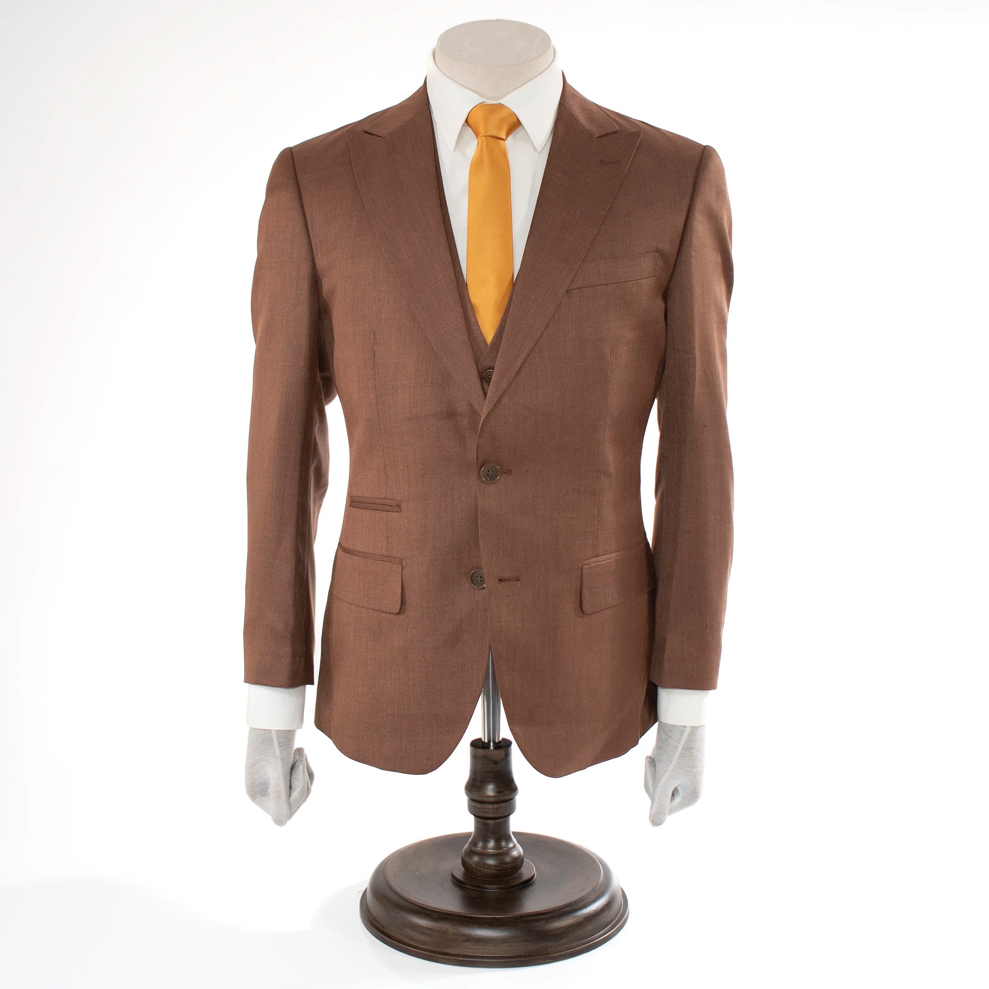 Rust Brown Designer 3-Piece Slim-Fit Wool Suit With Peak Lapels