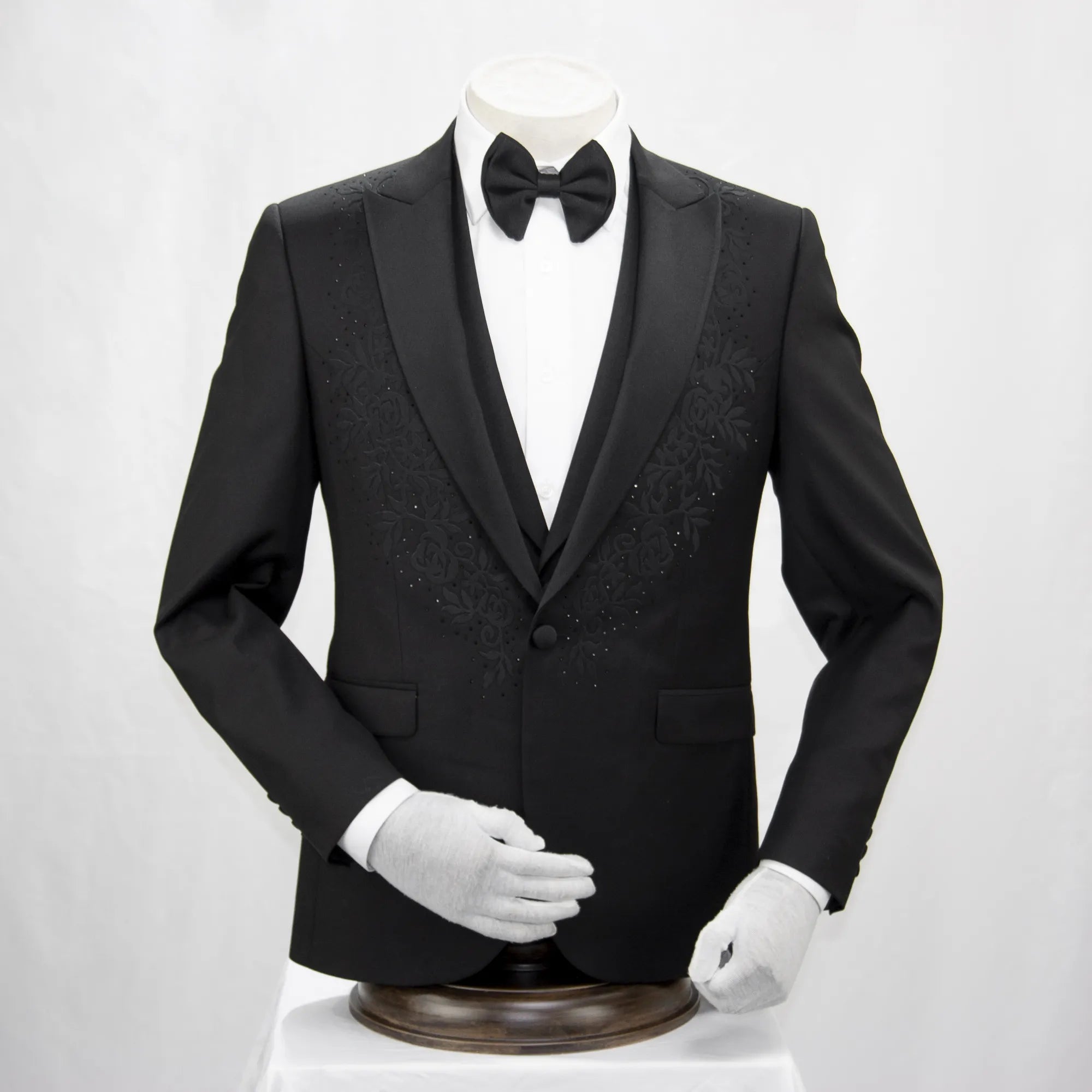 Black Embossed 3-Piece Slim-Fit Tuxedo with Rhinestones