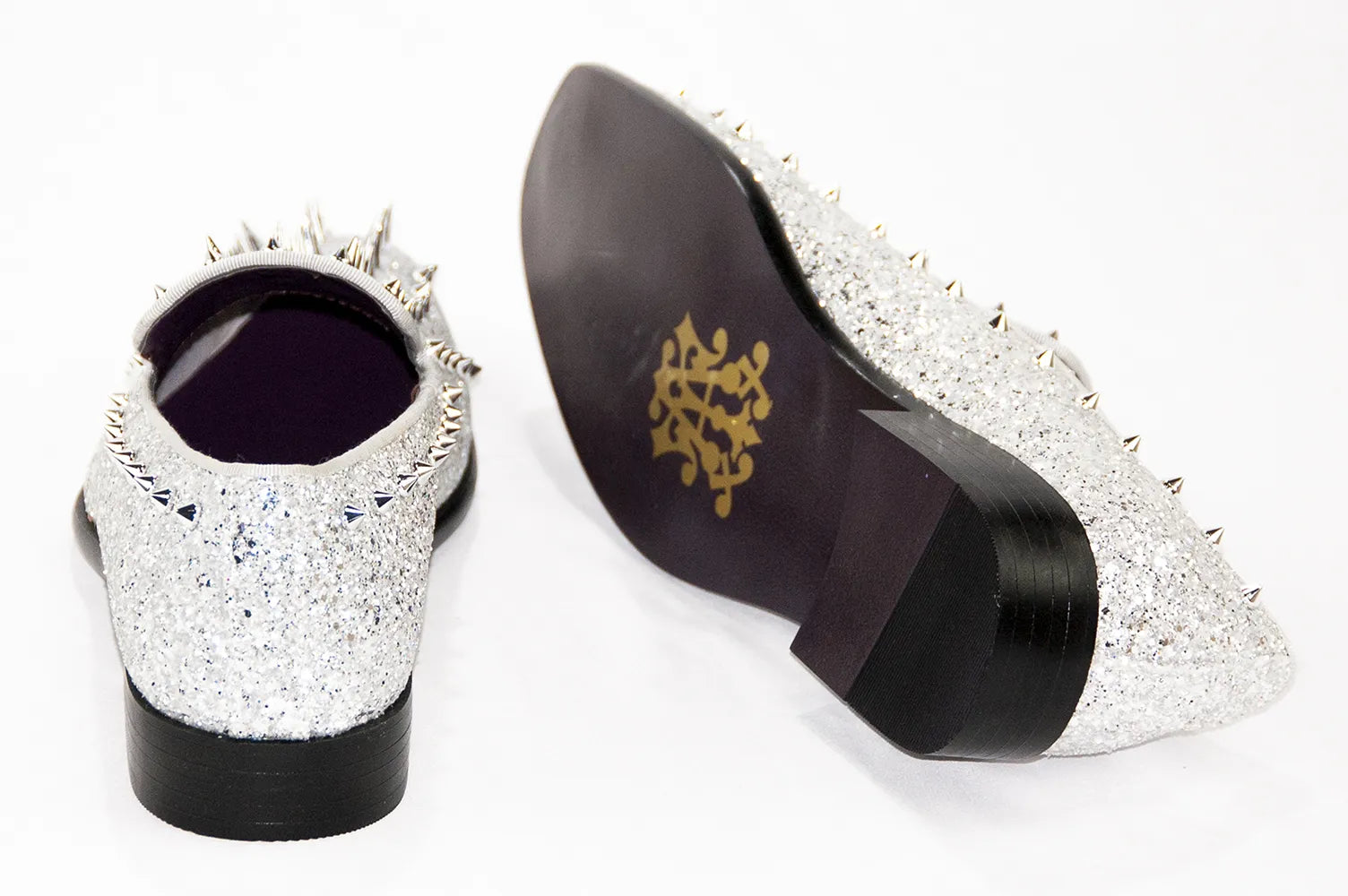 Silver Spiked Glitter Smoking Loafer