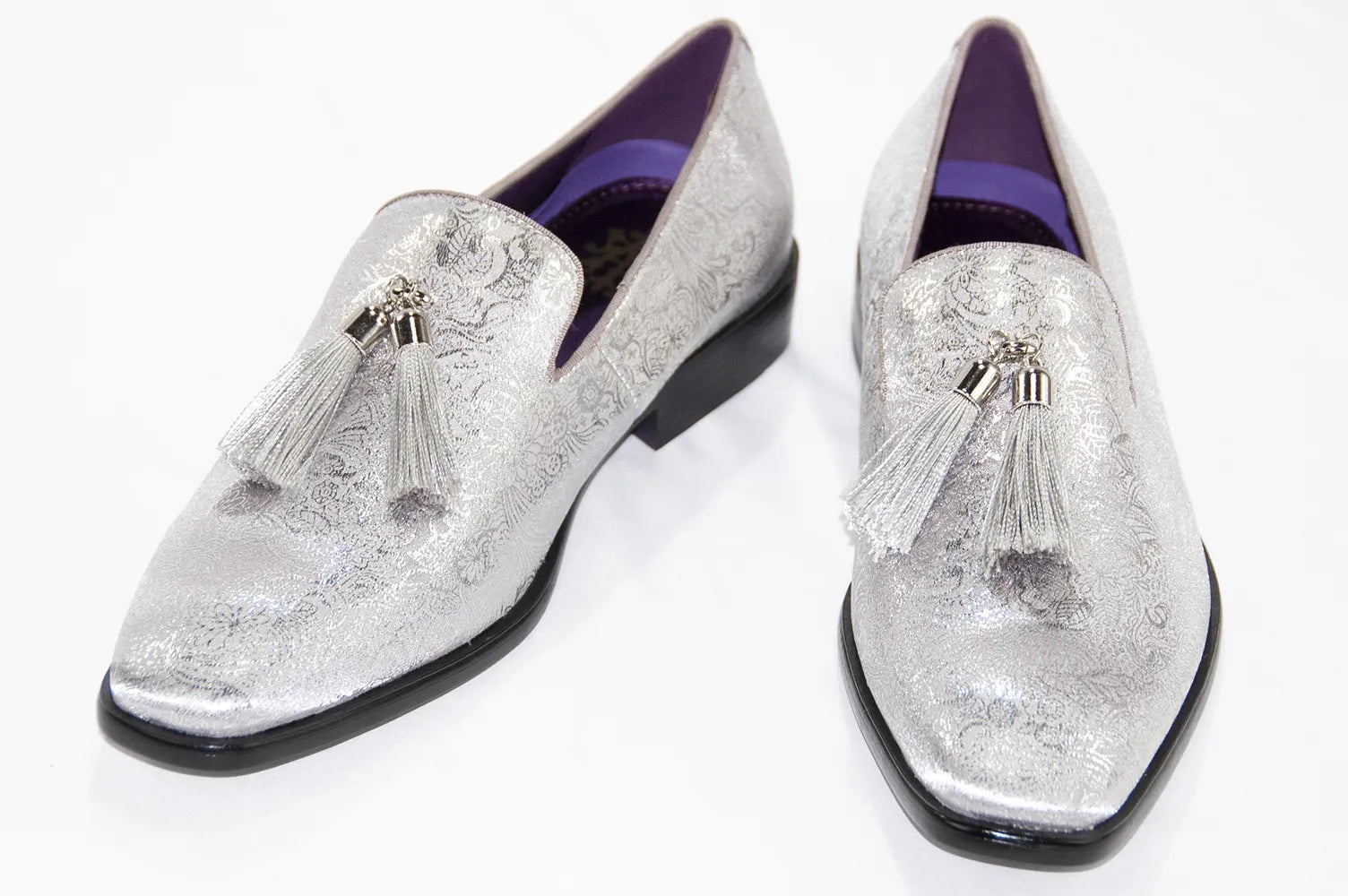 Silver Metallic Smoking Loafer With Tassels