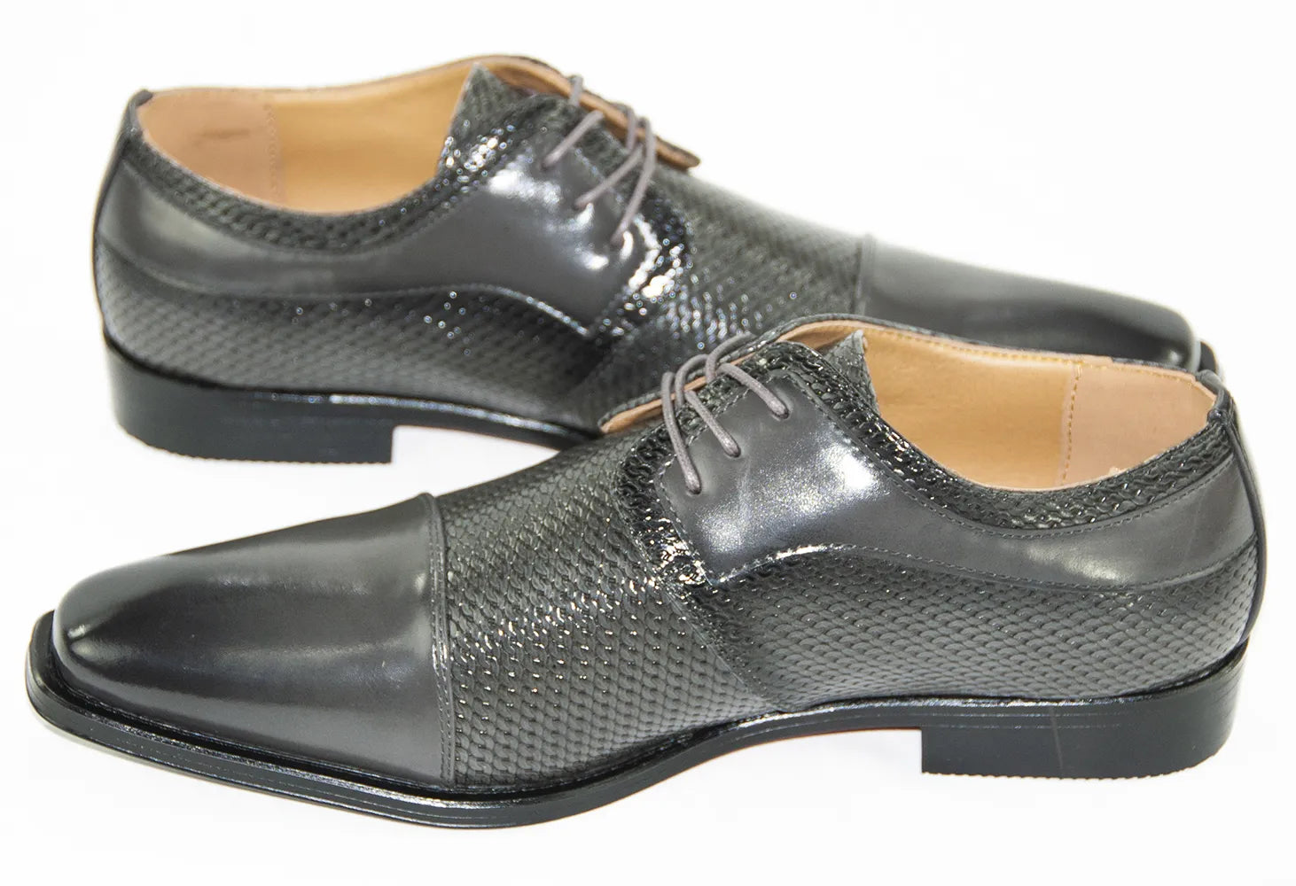 Gray Leather Cap-Toe Dress Lace-Ups