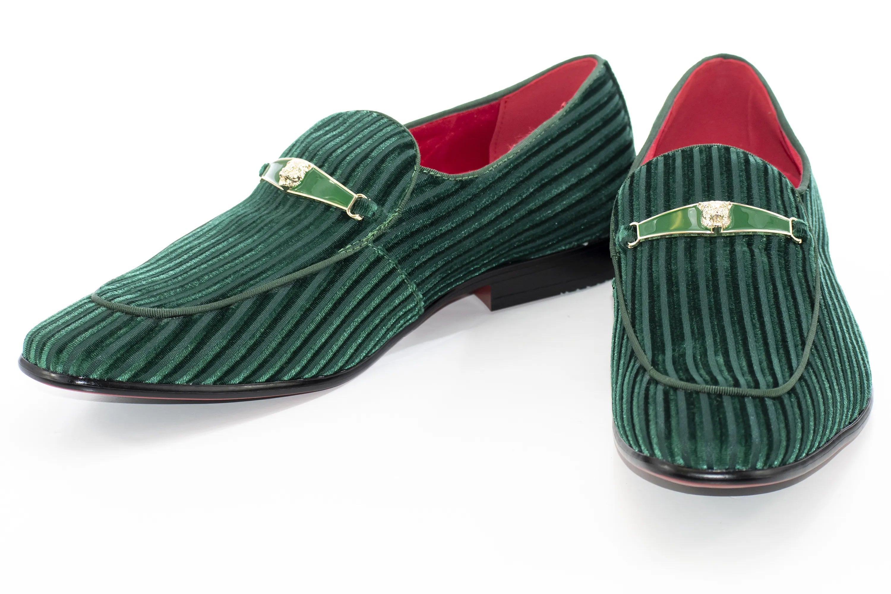 Green Striped Velvet Smoking Loafer with Designer Bit