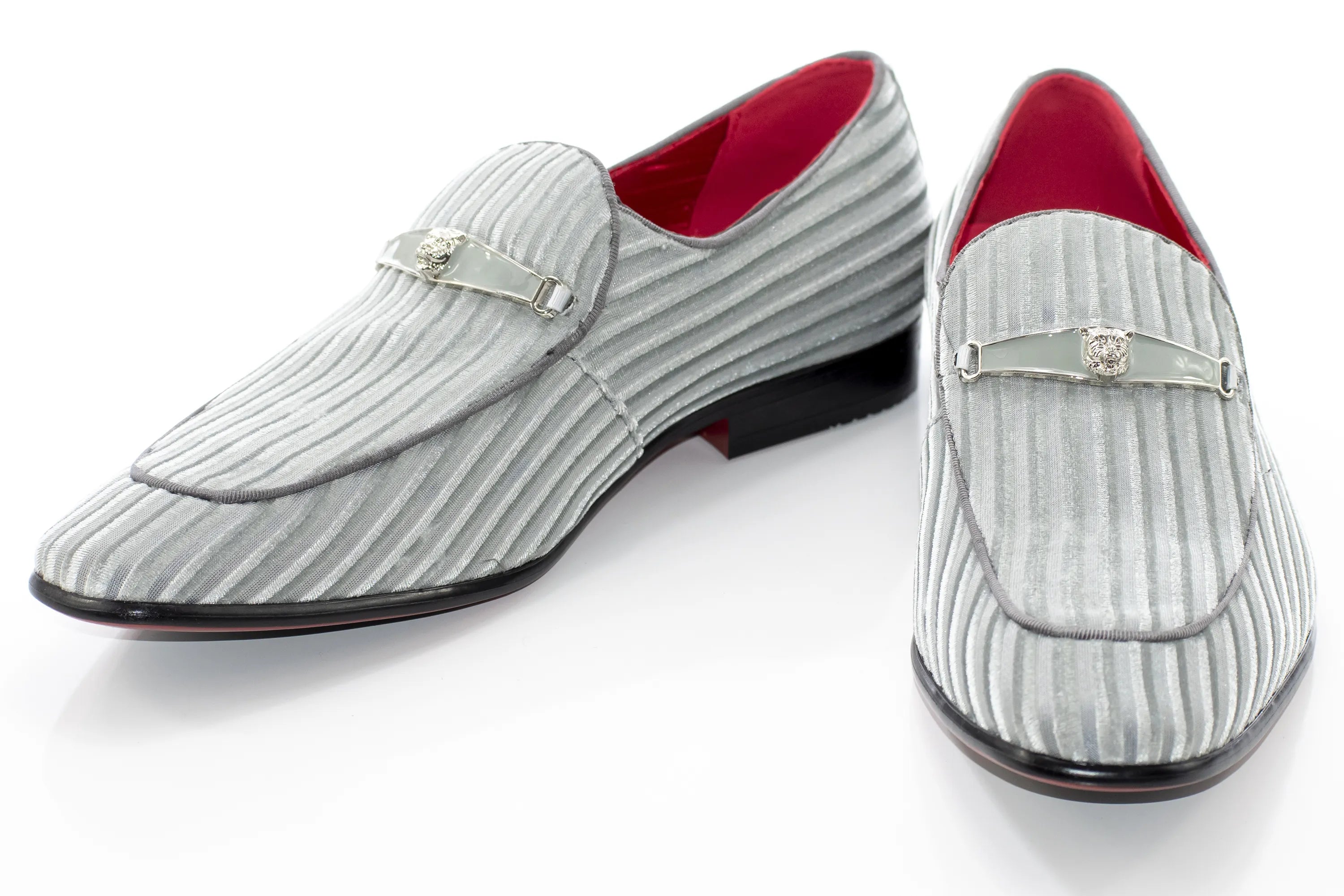 Silver Striped Velvet Smoking Loafer with Designer Bit