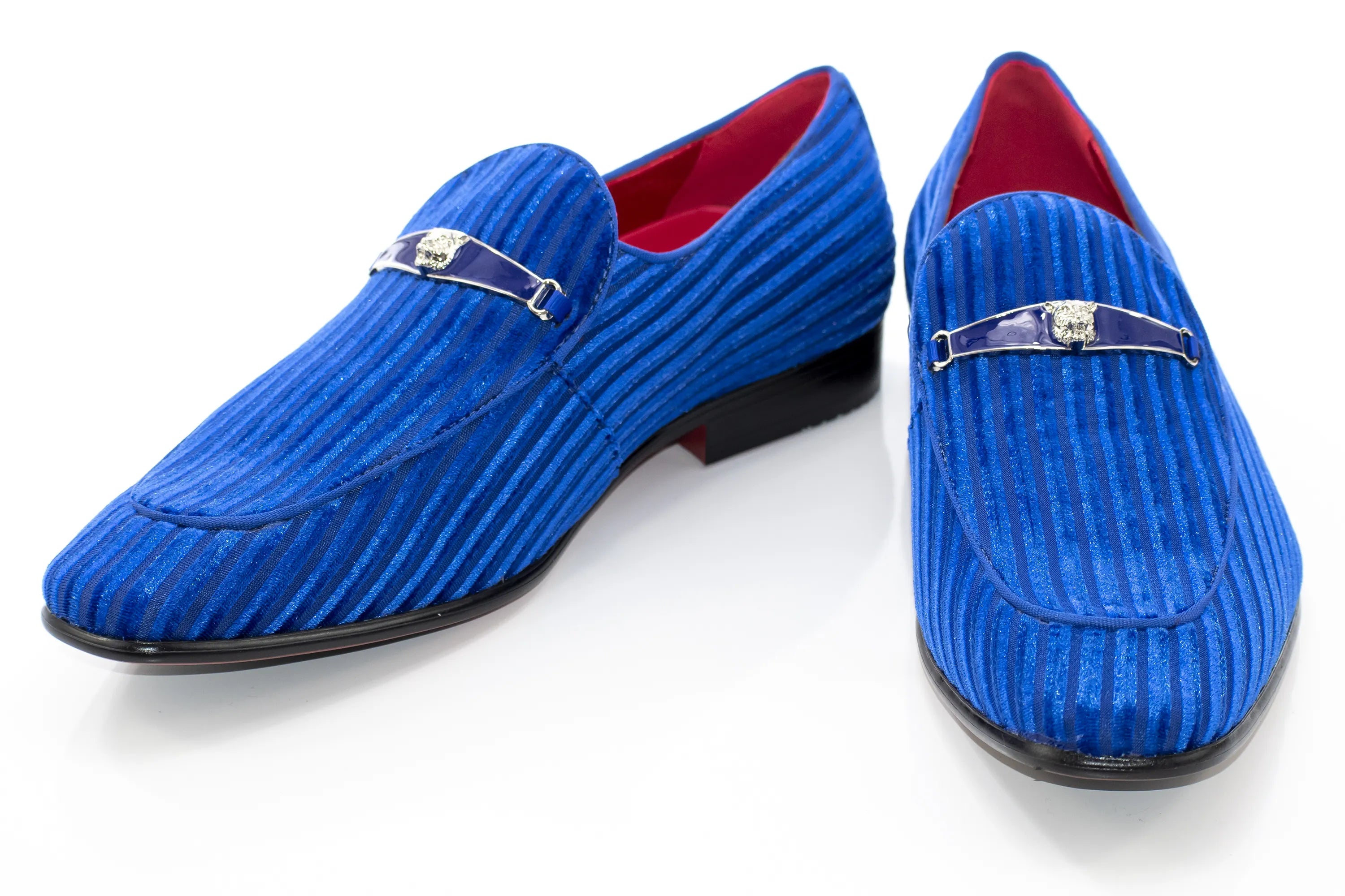 Royal Blue Striped Velvet Smoking Loafer with Designer Bit