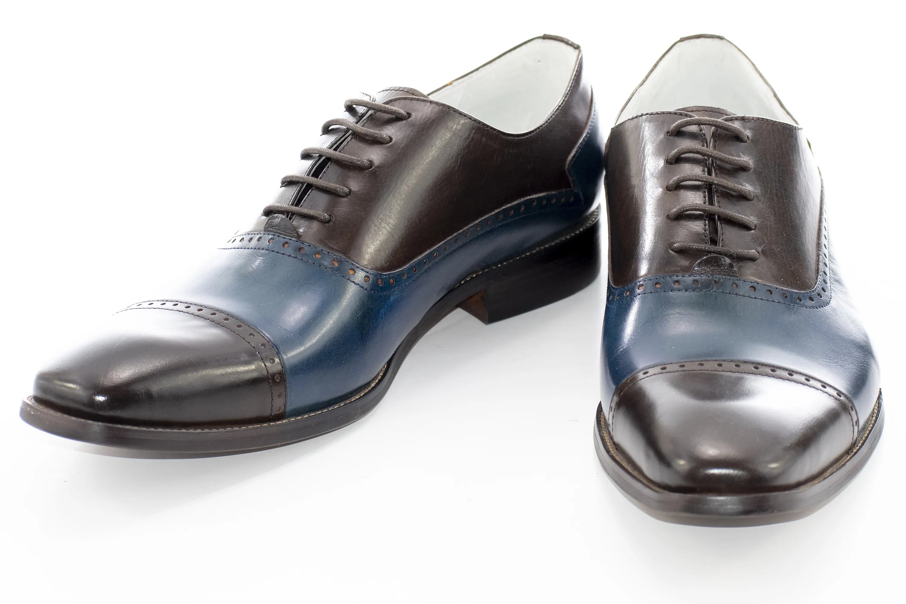 Chocolate Brown And Blue Two-Tone Leather Oxford Lace-Up