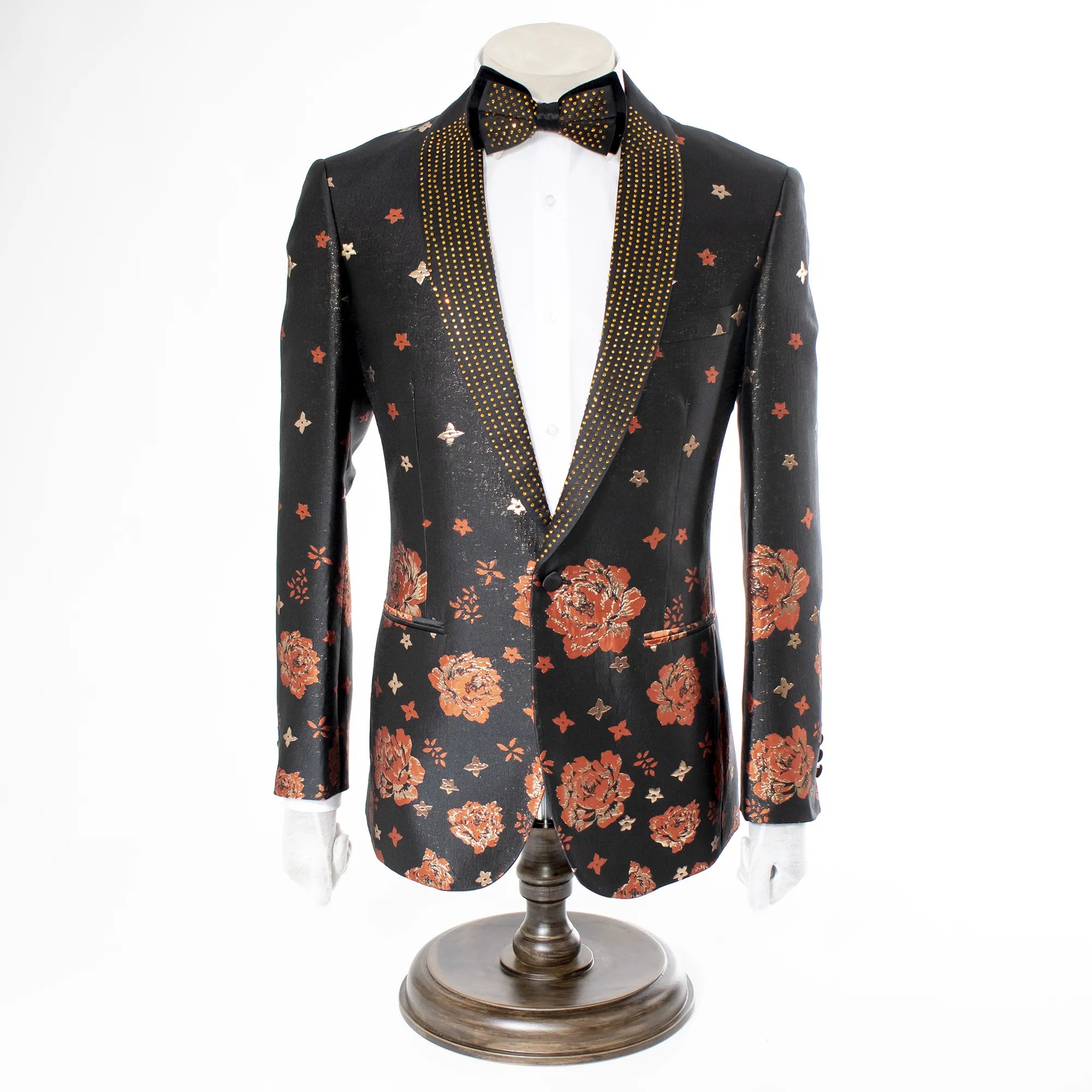 Black Floral Slim-Fit Jacket With Rhinestone Lapel