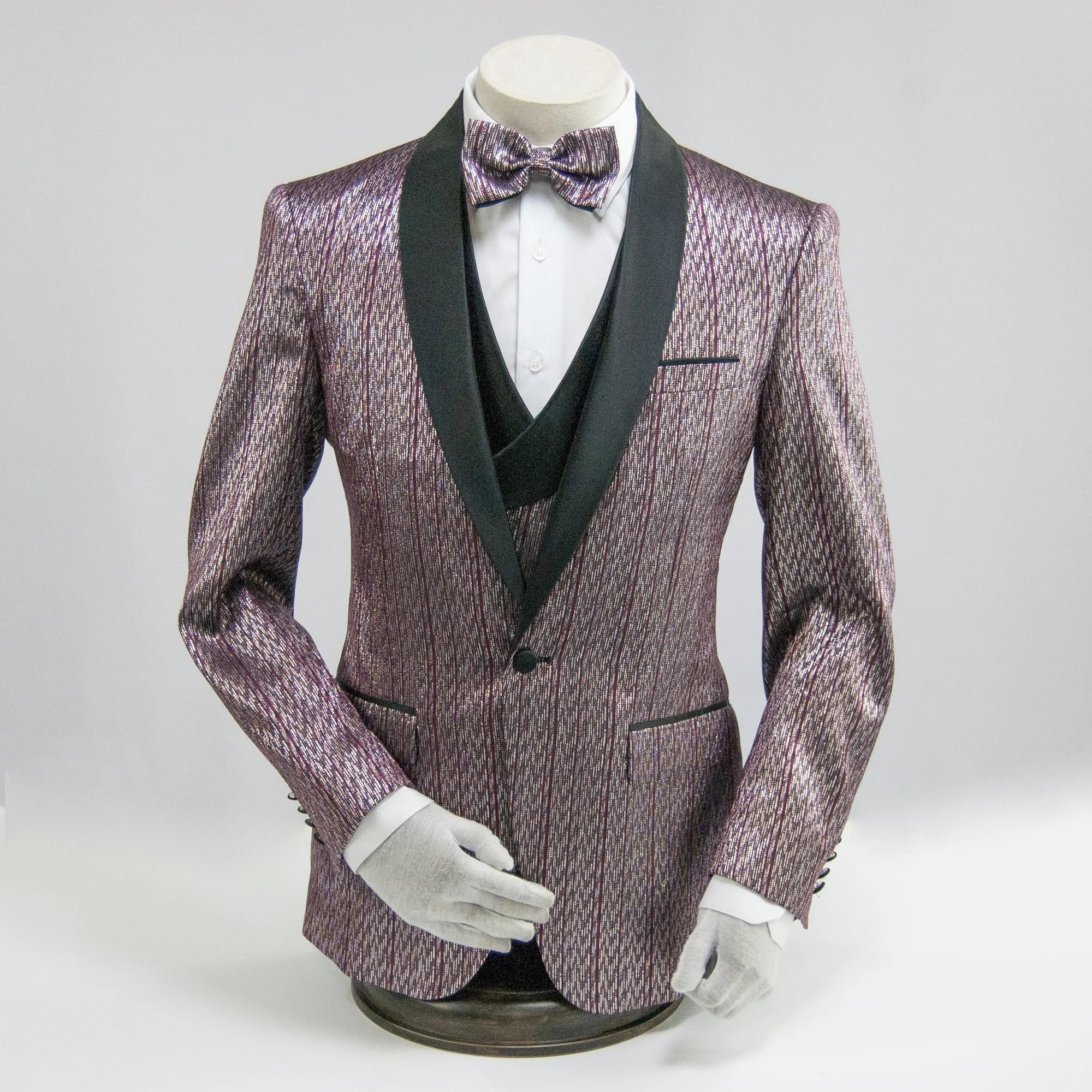 Burgundy Metallic Patterned 3-Piece Tailored-Fit Tuxedo