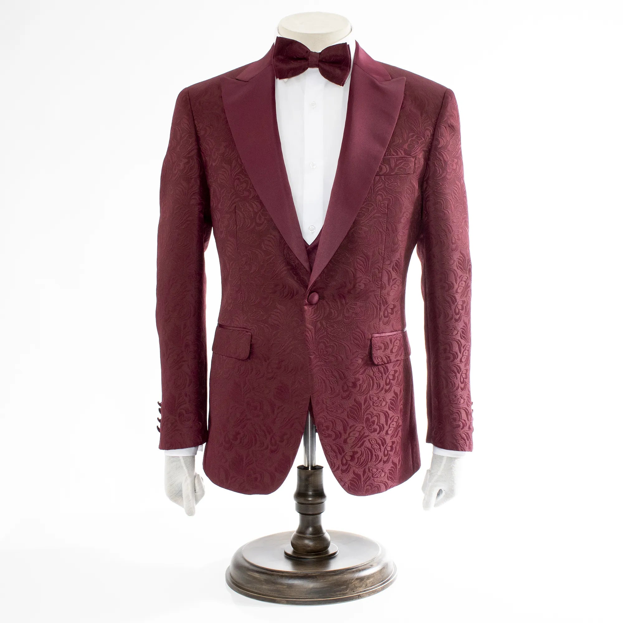 Burgundy 3-Piece Tailored-Fit Floral Tuxedo