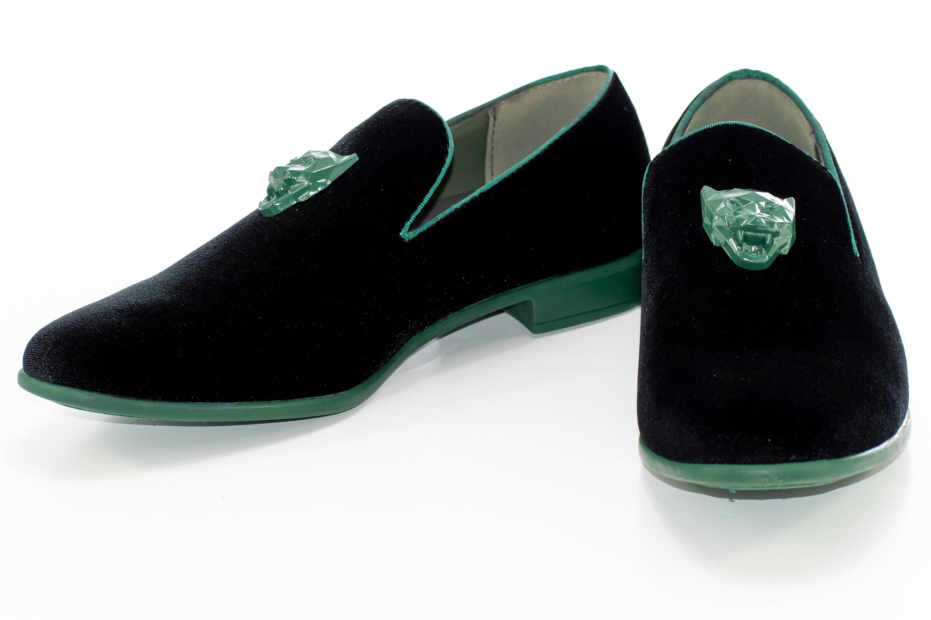 Green and Black Velvet Smoking Loafer with Lion Bit