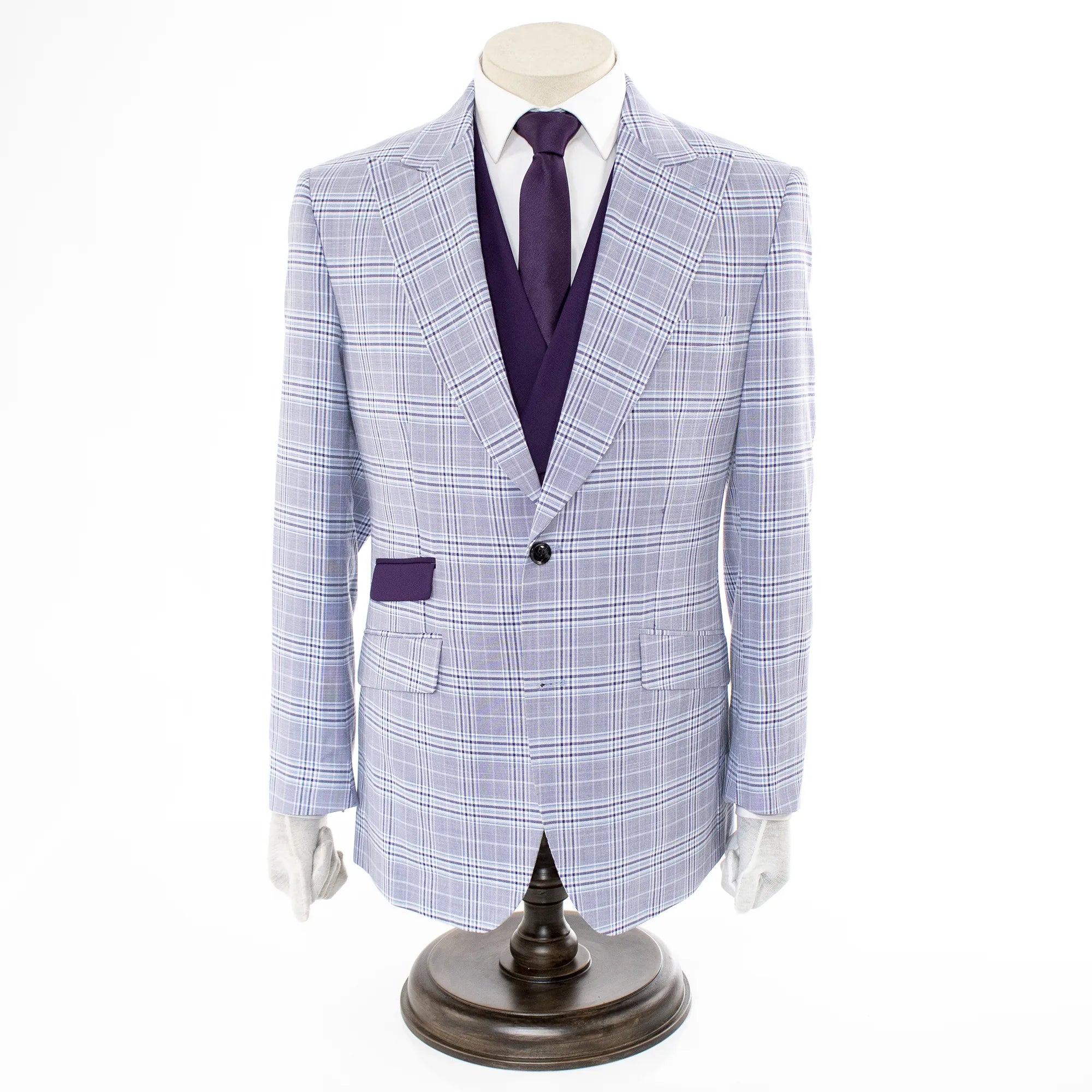 Eggplant 3-Piece Modern-Fit Plaid Suit With Peak Lapels