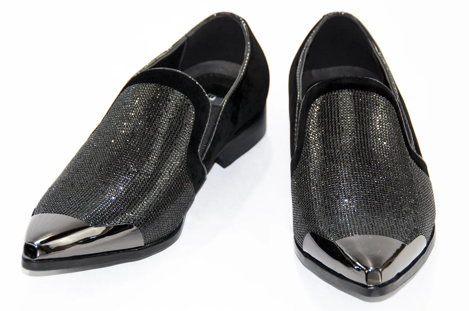 Black Velvet & Rhinestone Smoking Loafers With Metal Tip