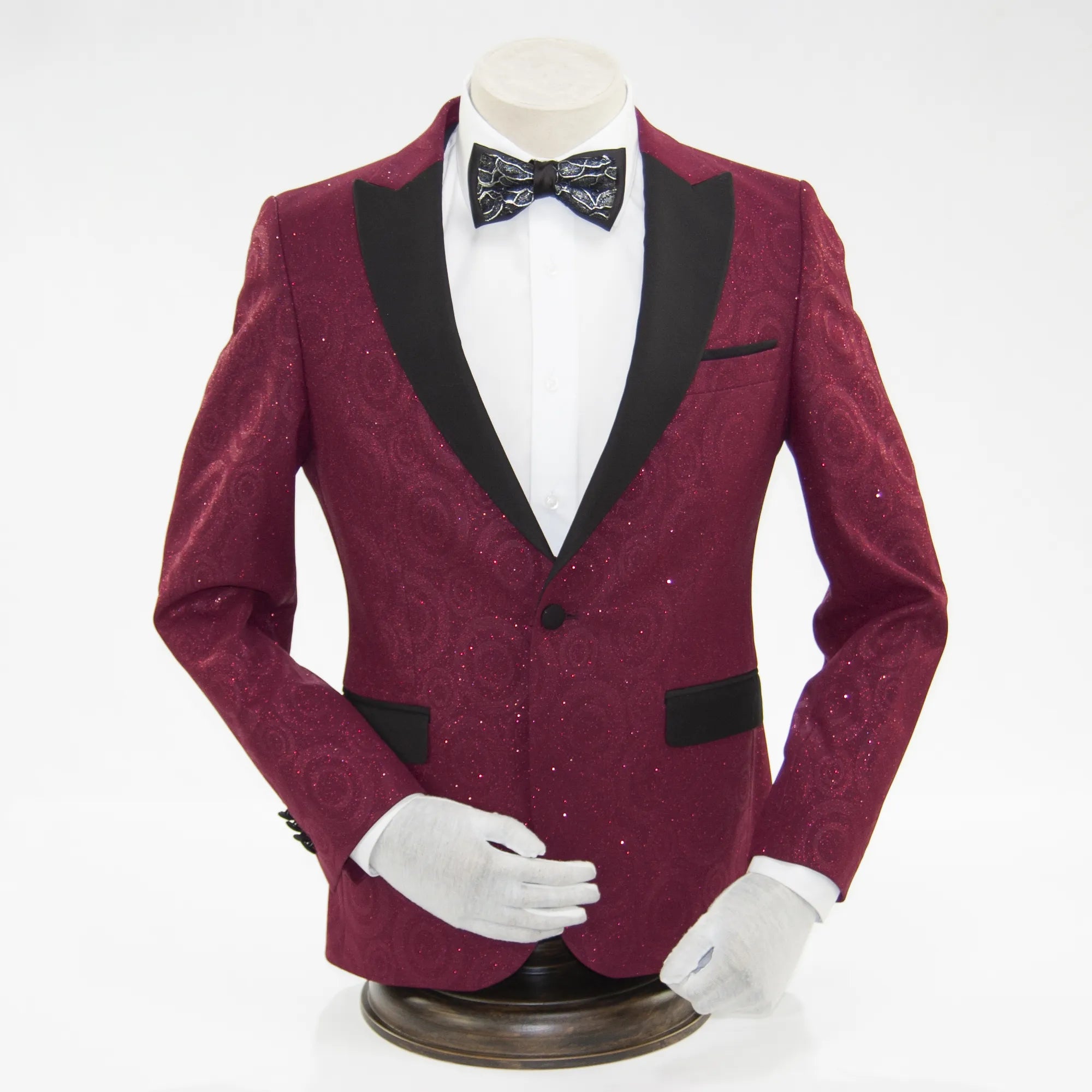 Burgundy Patterned Glitter 3-Piece Slim-Fit Tuxedo