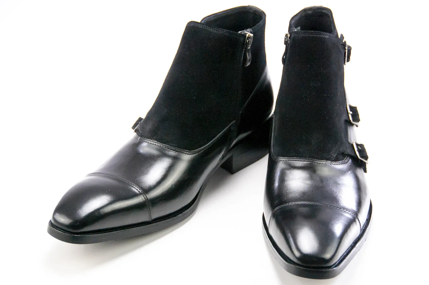 Black Suede & Leather Monk Strap Zip Boots